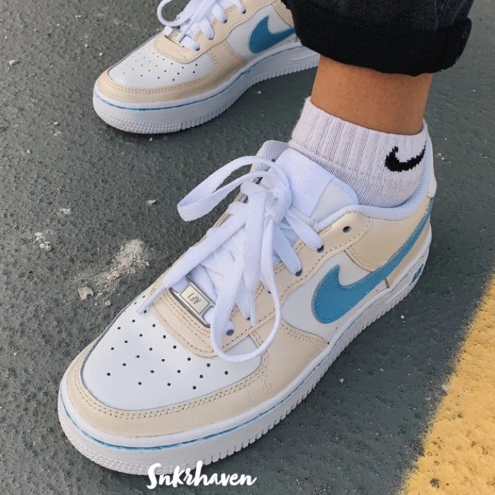 Nike Cream and Blue Custom Air Force 1s